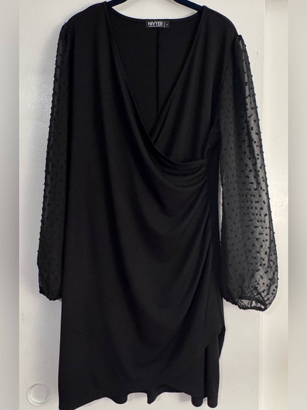 Nivyee Black Long-Sleeve Faux Wrap Dress with Dotted Sheer Sleeves